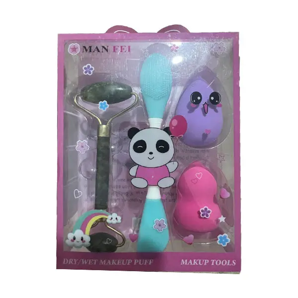 Coffret d’outils de soin et maquillage - Rouleau, houppettes & brosse nettoyante - Bleu