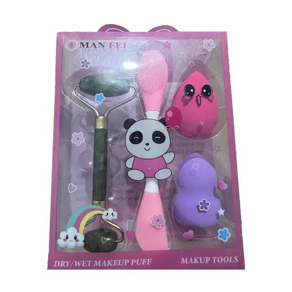 Coffret d’outils de soin et maquillage - Rouleau, houppettes & brosse nettoyante - Rose
