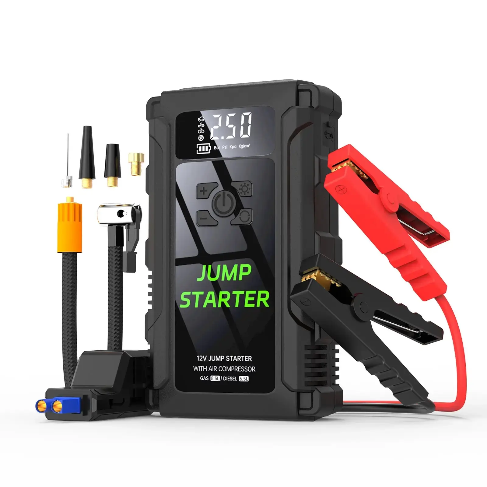 Démarreur de saut de voiture portable,Booster de batterie au lithium12 V avec Compresseur d’air de pneu et lumière LED – K09