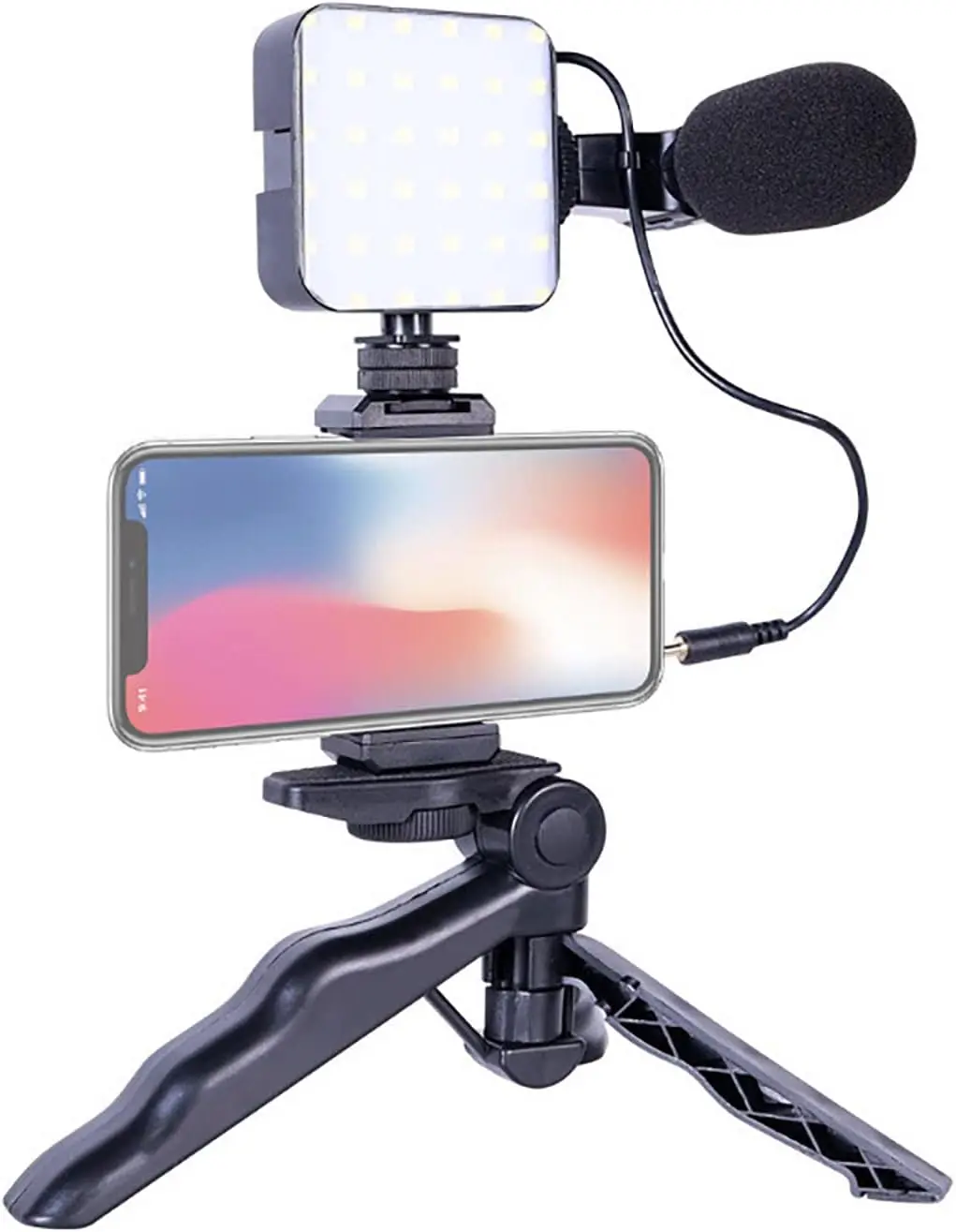 kit vidéo avec trépied, support de téléphone, microphone, lumière LED pour Podcast