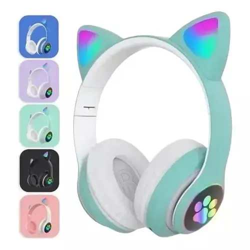 Écouteurs sans fil STN-28 à LED avec basses stéréo et oreilles de chat mignonnes
