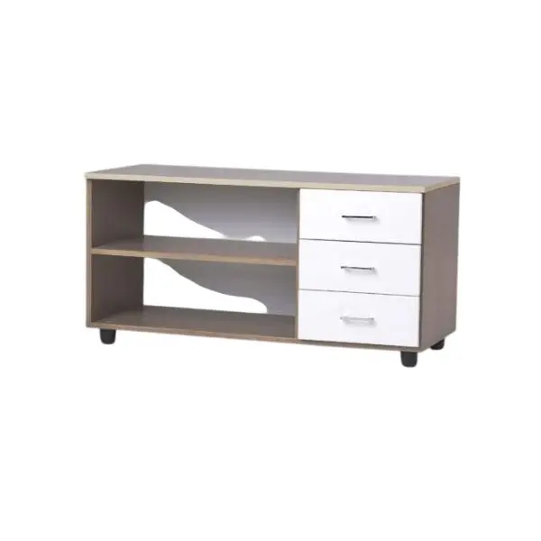 Meuble TV Bas Moderne avec 3 Tiroirs et 2 Niches – Bois et Blanc
