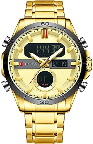 Curren Montre numérique à quartz en acier inoxydable doré pour homme,