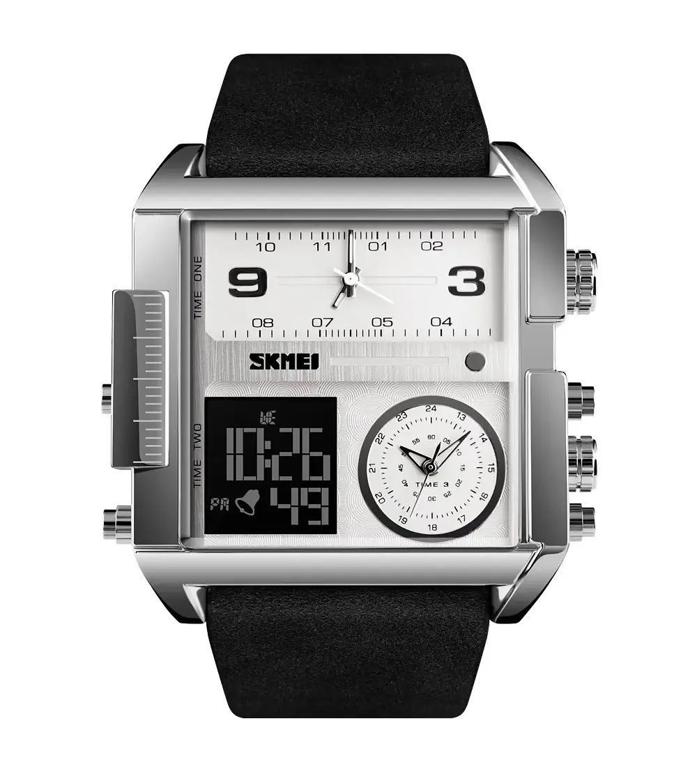Montre - Bracelet à quartz - Analogique - Etanche - Grand cadran numérique LED - Bracelet en cuir