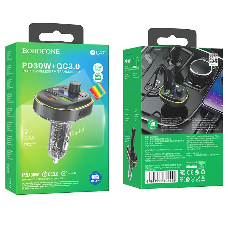 Transmetteur FM Borofone BC47 MP3, Bluetooth - 2xUSB + Type C PD 30W
