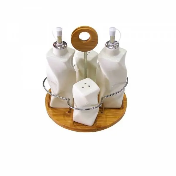 Ensemble 5 Pièces De Vinaigre, Huilière, Salière Et Poivrière Avec Support En Bois